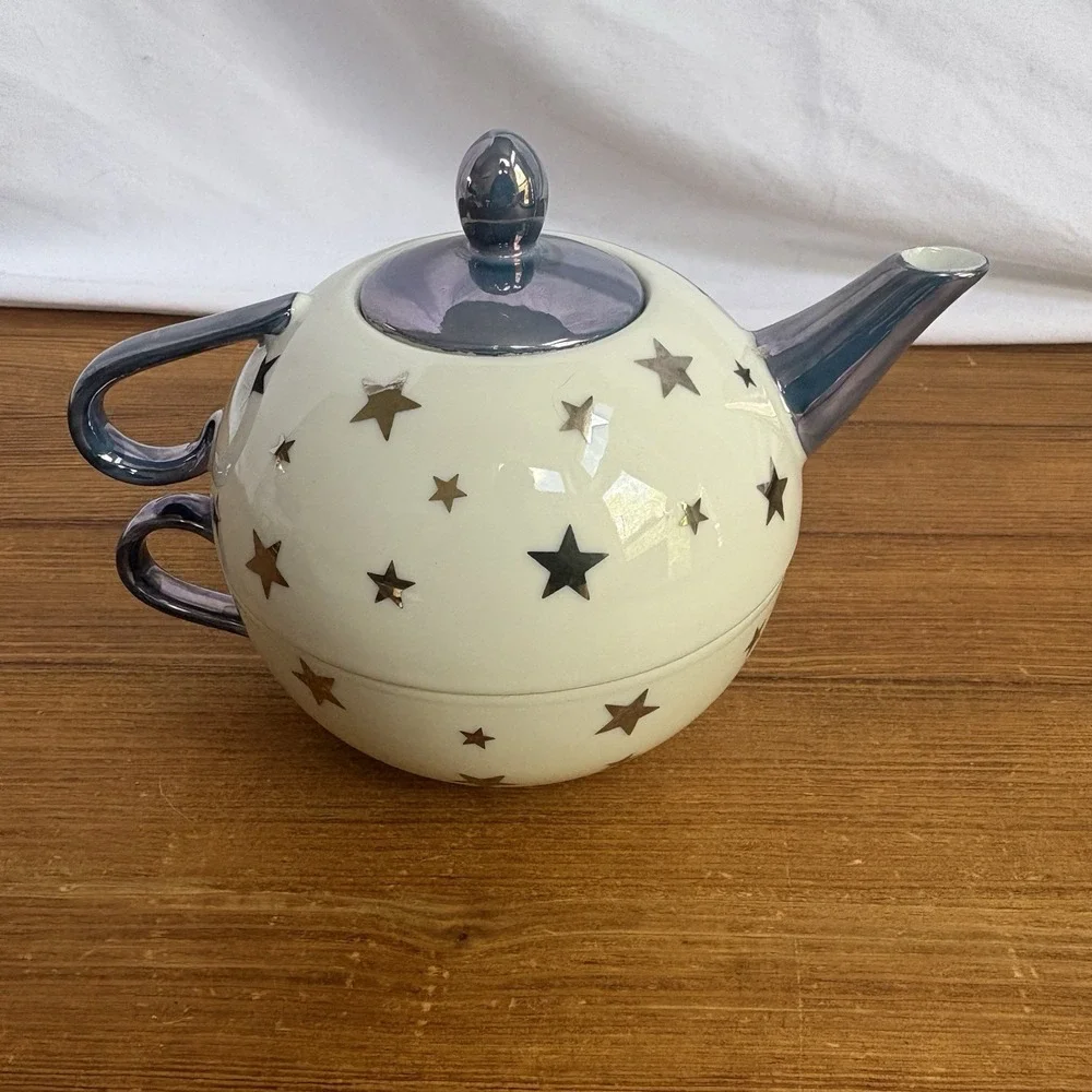 C&R Porcelain Japan Tea Pot And Mug Set Blue With Silver Stars